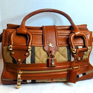 Burberry Tan Brown Check Leather Trim Shoulder Bag